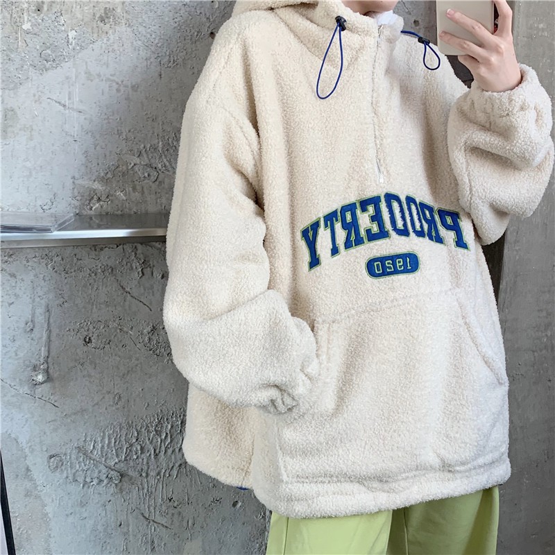 Áo hoodie phối zip chữ thêu chất lông cừu dày dặn