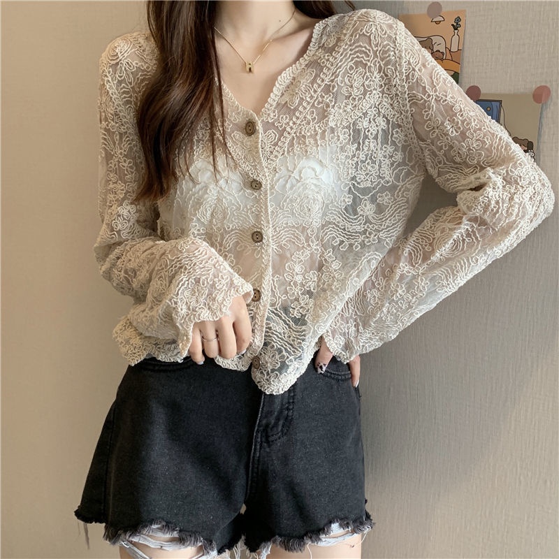 Áo len Cardigan chống nắng mỏng dài tay của phụ nữ khoác ren mới của Pháp thời trang Mùa hè
