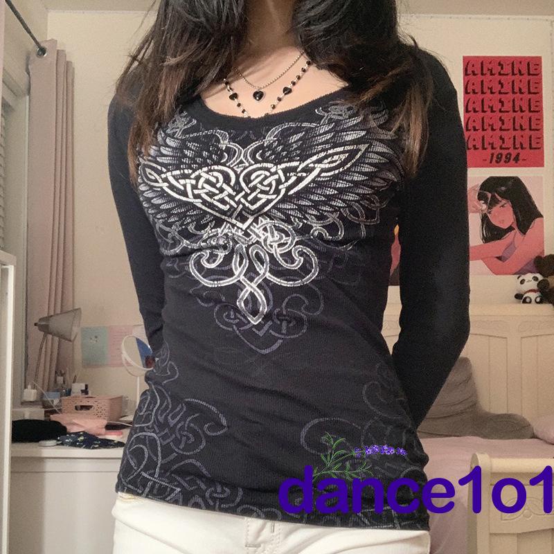 Áo thun tay dài cổ tròn dáng ôm in họa tiết độc đáo thời trang cá tính cho nữ