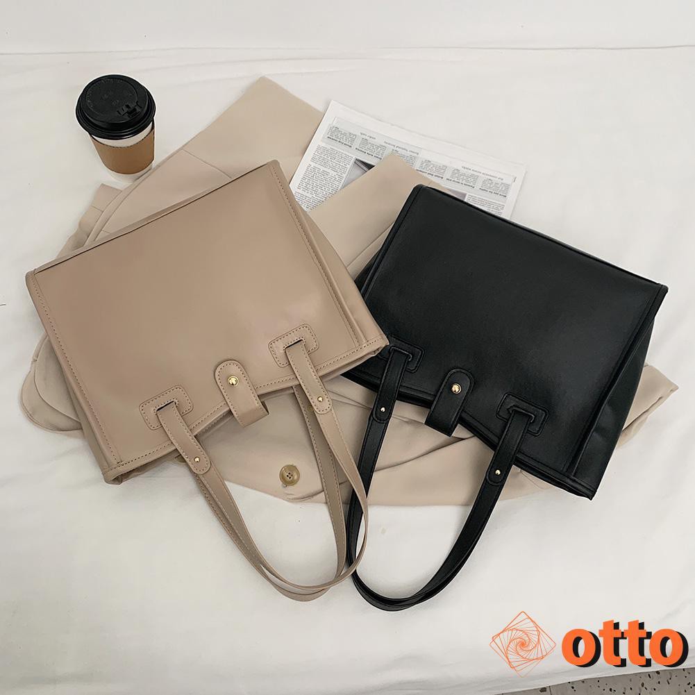 Women Big Capacity Shoulder Bag Solid Color Top-handle Tote Portable PU Leather Shopping Satchels