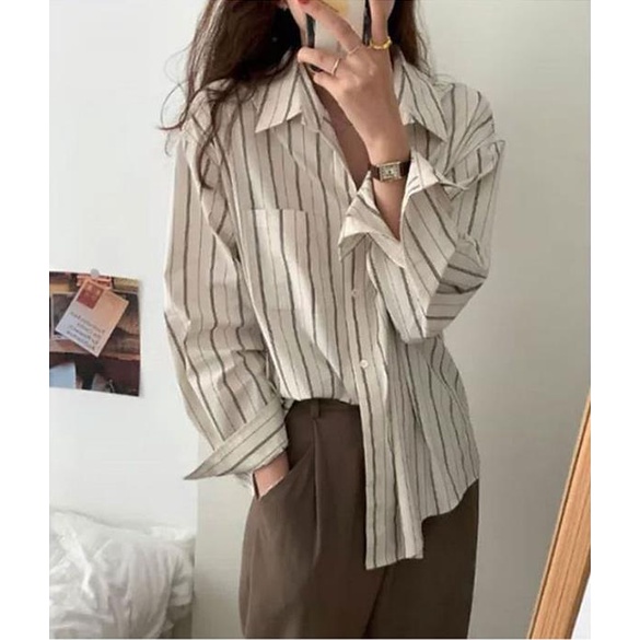 Áo Sơ Mi Tay Dài Dáng Rộng Họa Tiết Kẻ Sọc Phong Cách Vintage Mới