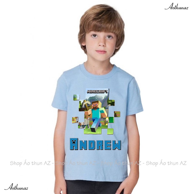 Áo thun trẻ em màu xanh biển in hình Minecraft - Cotton Thái M2387