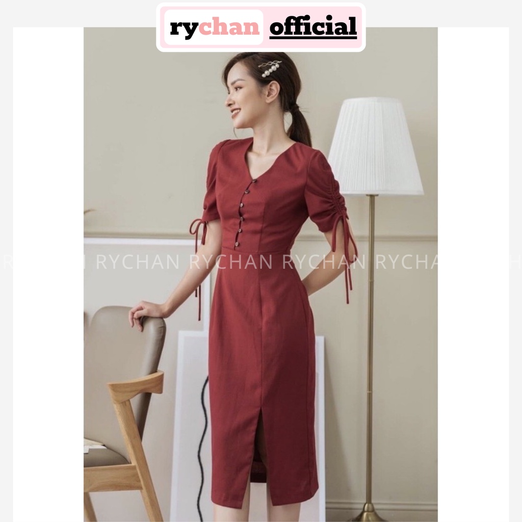 Đầm Dự Tiệc Cổ V Nút Trước Tay Ngắn Nơ Xẻ Tà Cực Sang Trọng Màu Đỏ Trắng [ẢNH THẬT CUỐI] - DX9811