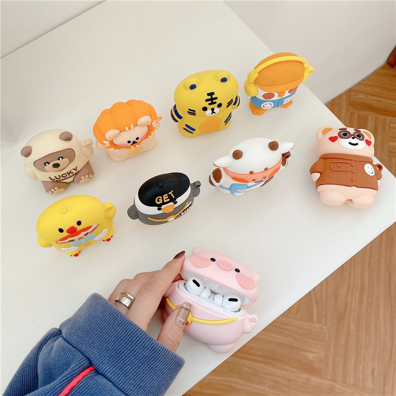 Cute Cartoon Animal Zoo Tiger Lion Bear Pig Rabbit AirPods Pro Case Anti-drop Silicone Protective Cover with Carabiner