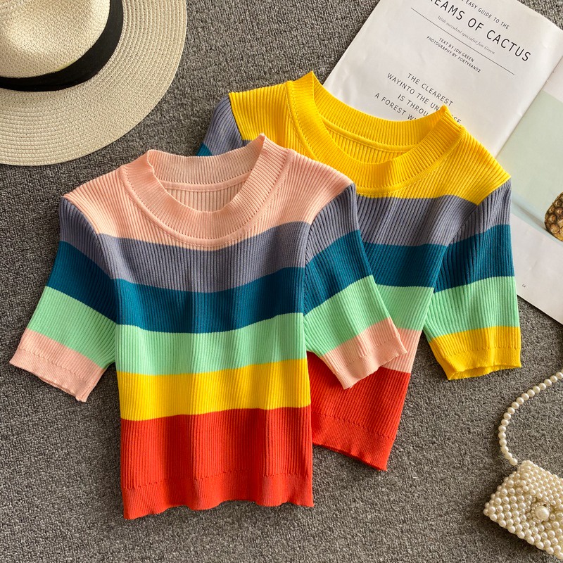 Áo thun ZHELIHANGFEI dệt kim tay ngắn kẻ sọc cầu vồng dễ thương