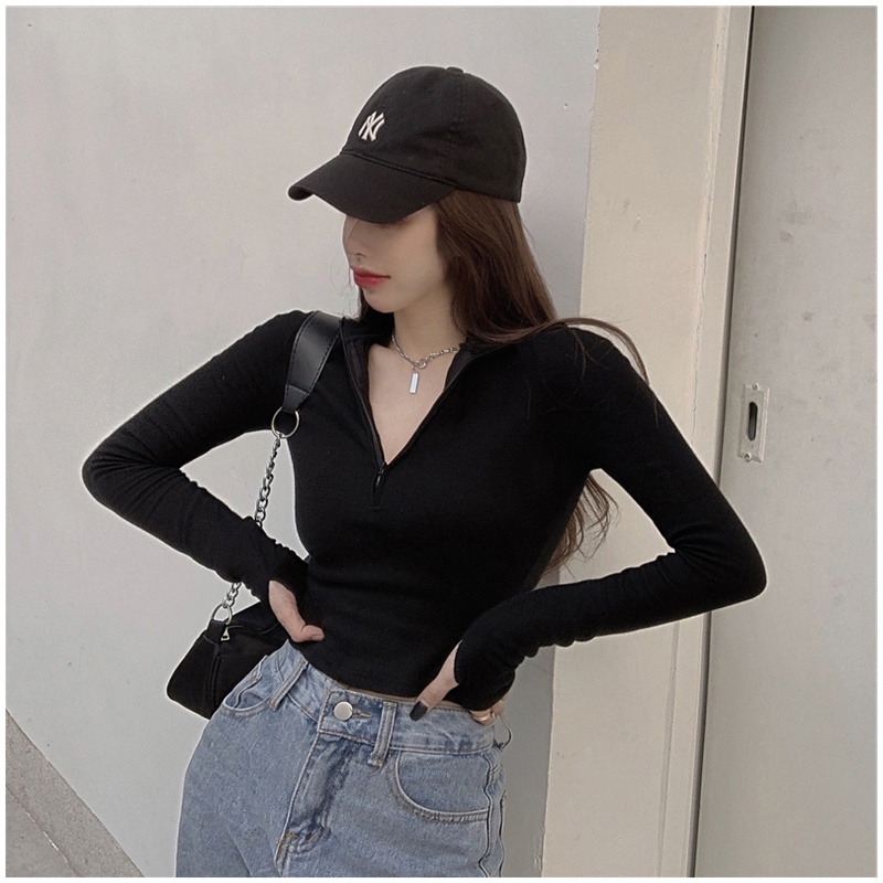 Áo thun lửng tay dài khóa kéo màu trơn thời trang hàn quốc dành cho nữ