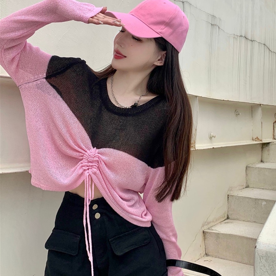 Áo Sweater Dệt Kim Dáng Ngắn Phối Dây Rút Kiểu Hàn Quốc Thời Trang Mùa Thu Cho Nữ
