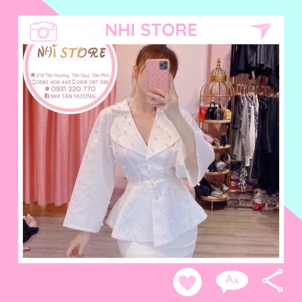 Set Bộ Thiết Kế Áo Cổ Vest Đính Ngọc Tay Dài Chất Liệu Tafta + Chân váy Body Thun Umi Tôn Dáng