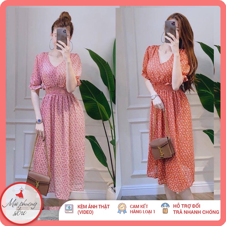 Đầm voan hoa nhí dáng dài tay phồng dáng xoè dự tiệc [ ảnh video thật ]