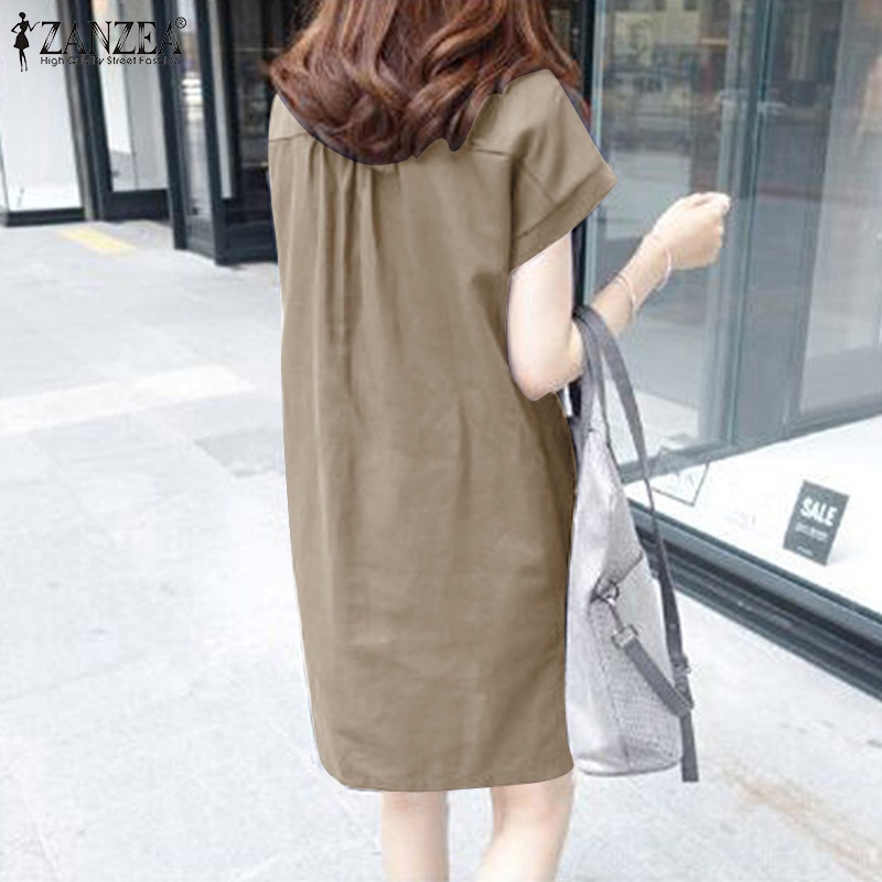 Đầm Zanzea tay ngắn màu trơn phối thắt lưng phong cách Hàn Quốc thời trang cho nữ