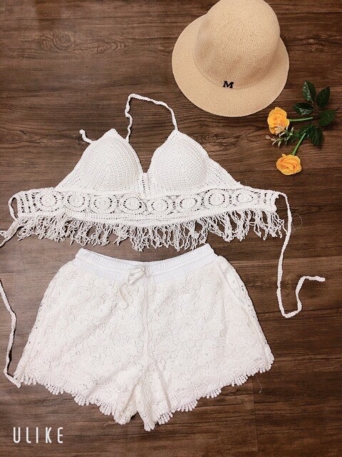 Set biển sexy - áo bra đan móc tua rua + quần ren ( có tách rời ) | BigBuy360 - bigbuy360.vn