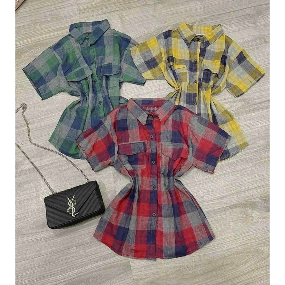Áo sơ mi tay ngắn caro phối 2 túi trước cực xinh , chất kate xô mềm mịn ( ảnh thật )