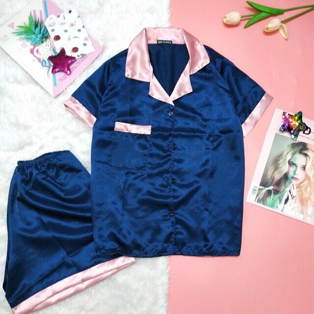 Bộ pijama lụa phi phối cổ