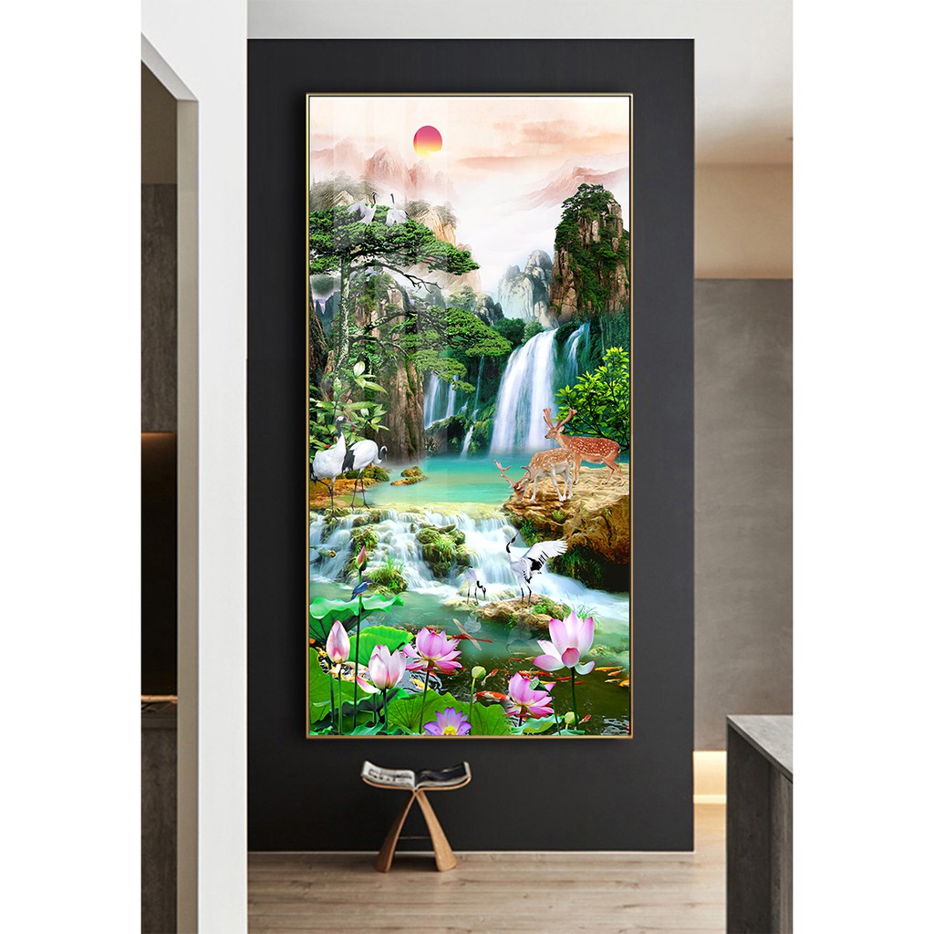 Tranh treo tường hiện đại phong thủy thác nước sơn thủy bóng kiếng hoặc vải canvas 201907141114488709755