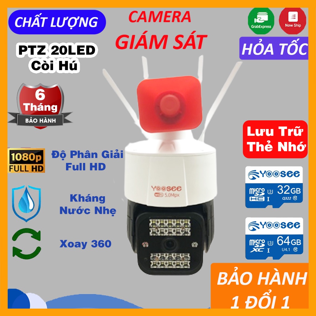 Camera Yoosee Ngoài Trời PTZ 20LED còi hú, ban đêm có màu, có hồng ngoại, chống nước - Camera Yoosee PTZ còi hú | BH 6T