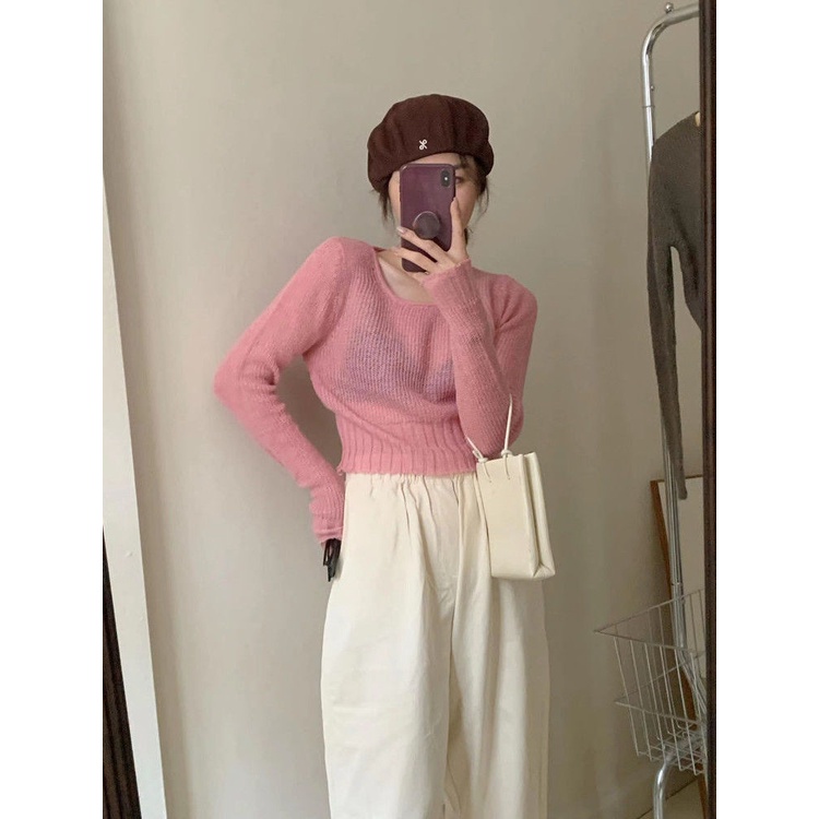 Áo Sweater Dệt Kim Dáng Ngắn Ôm Eo Thời Trang Mùa Thu Hàng Mới Dành Cho Bạn Nữ