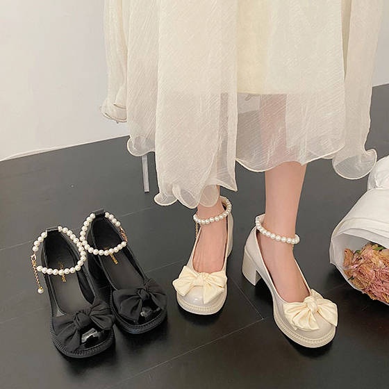 Giày lolita đê cao Giày Cao Gót Mary Jane Mũi Tròn Đính Nơ Phối Dây Ngọc Trai Phong Cách Thời Trang Mùa Hè 2022 Mới