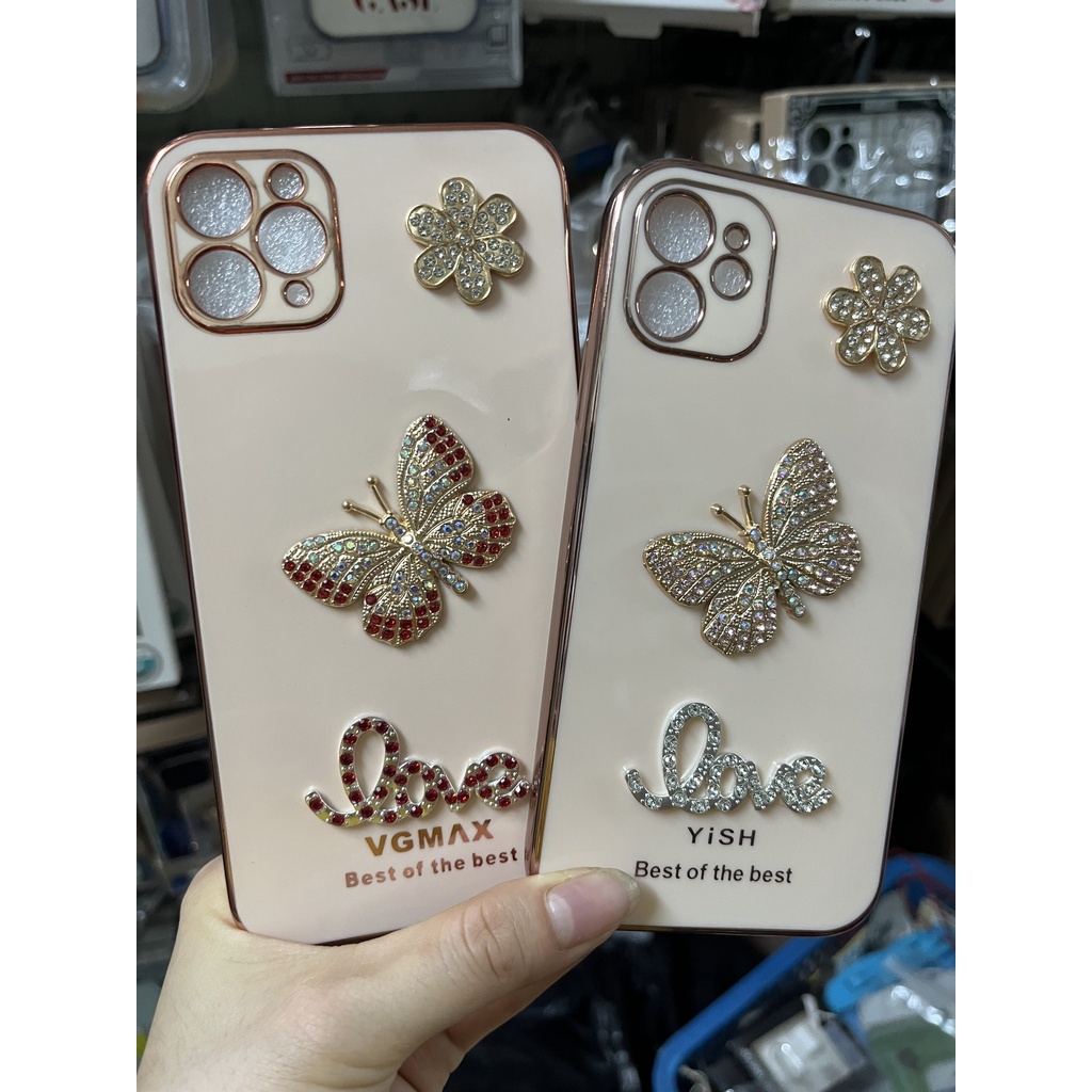 CUTE  Ốp lưng iphone cạnh vuông bảo vệ camera họa tiết Love bướm đính đá nổi 7 8 X XS 11 12 13 PLUS MAX
