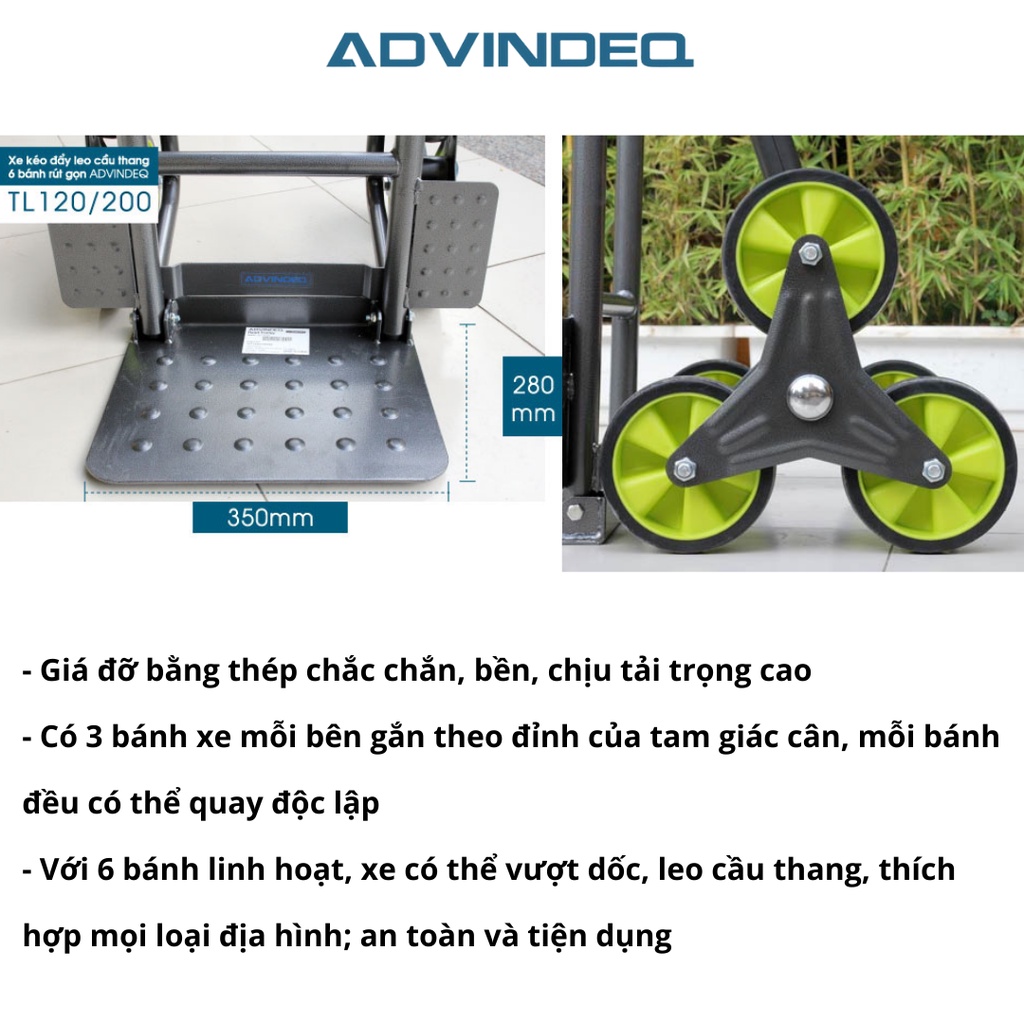 Xe đẩy hàng gấp gọn ADVINDEQ TL-120/200, xe kéo đẩy leo cầu thang 6 bánh xe linh hoạt, bảo hành 12 tháng