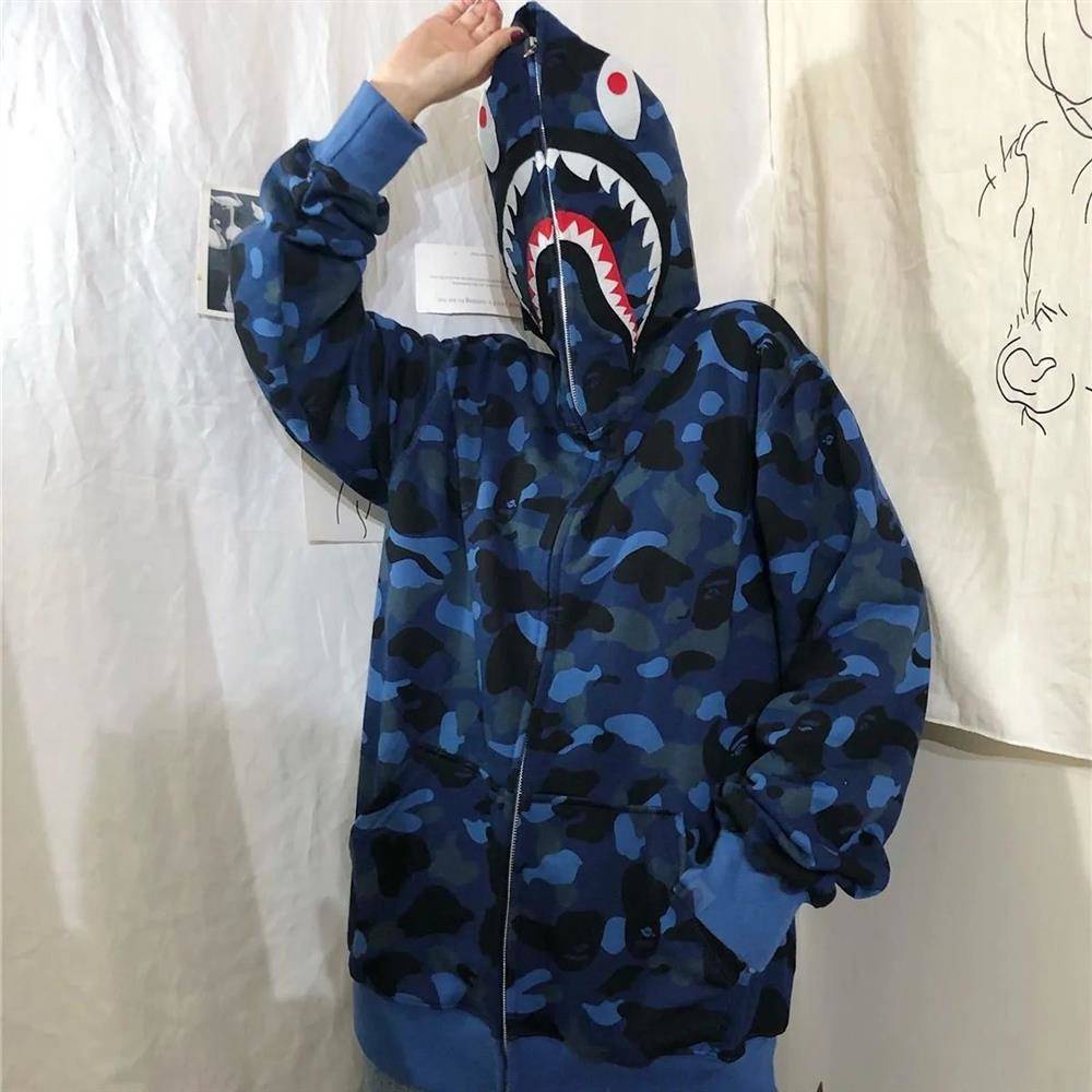 Áo khoác họa tiết cá mập bape có mũ trùm đầu thời trang dành cho nam và nữ
