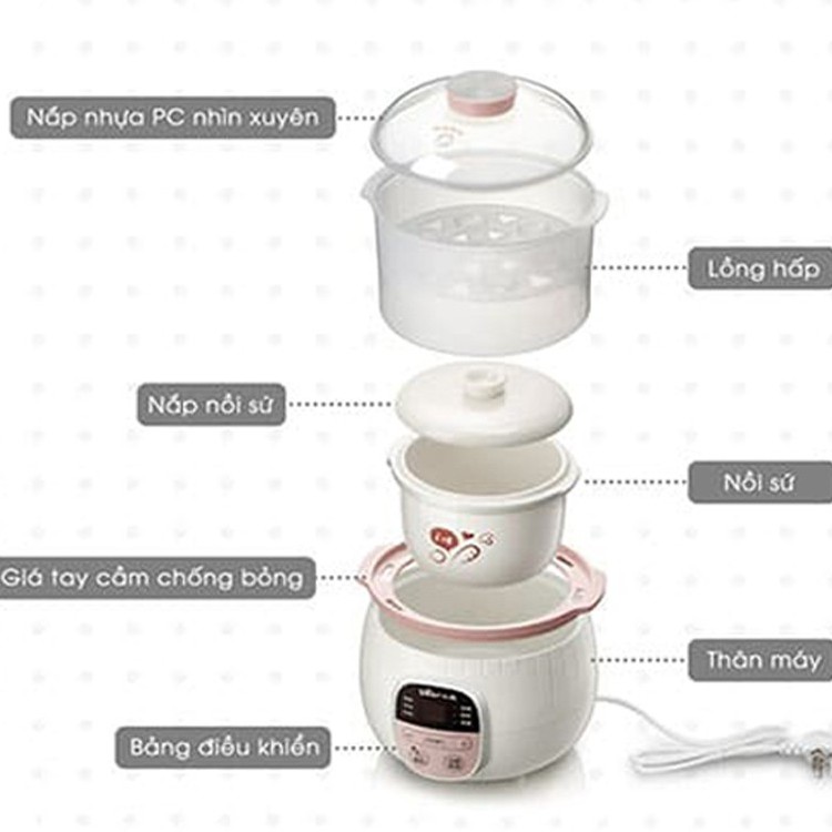 [HÀNG QUỐC TẾ] Nồi nấu cháo Bear, dung tích 0.8L kèm lồng hấp (bảo hành 12 tháng)