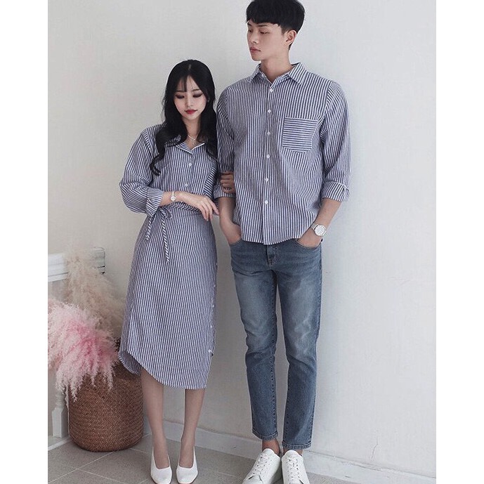 Áo đôi 🎀FREESHIP🎀 Áo váy đôi sơ mi sọc chụp ảnh cưới đi biển METIS LOVE couple AV172