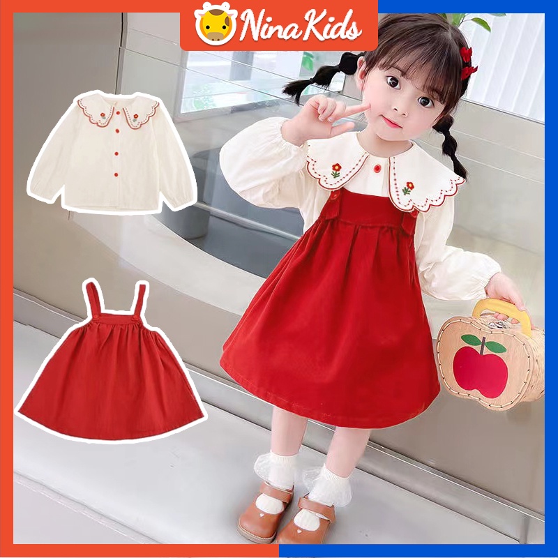 Bộ Đầm Dài Tay + Váy Yếm Xinh Xắn Theo Phong Cách Hàn Quốc Dành Cho Bé 0-4 Tuổi
