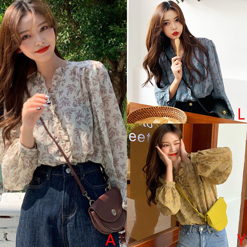 Áo nữ vải chiffon dáng rộng tay bo phồng họa tiết hoa duyên dáng phong cách Hàn