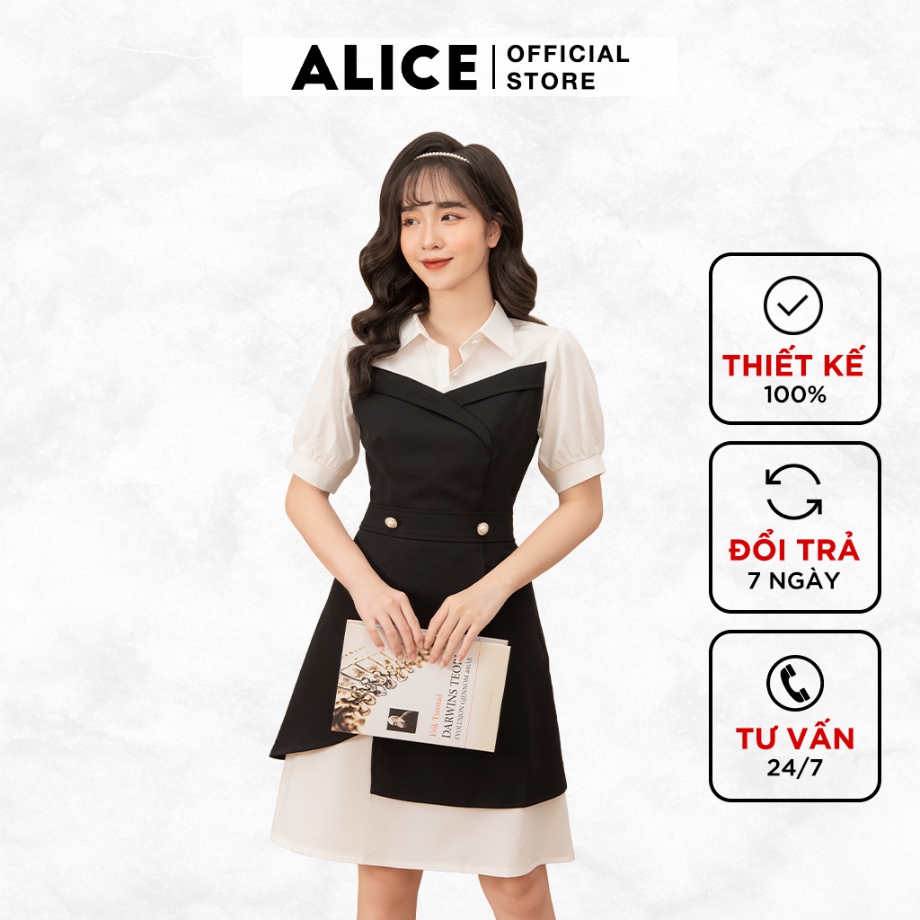 Váy Công Sở Chữ A Nữ ALICE Thiết Kế Cổ Sơ Mi Chân Váy Vạt Chéo Sang Đính Ngọc Thanh Lịch V703 | BigBuy360 - bigbuy360.vn