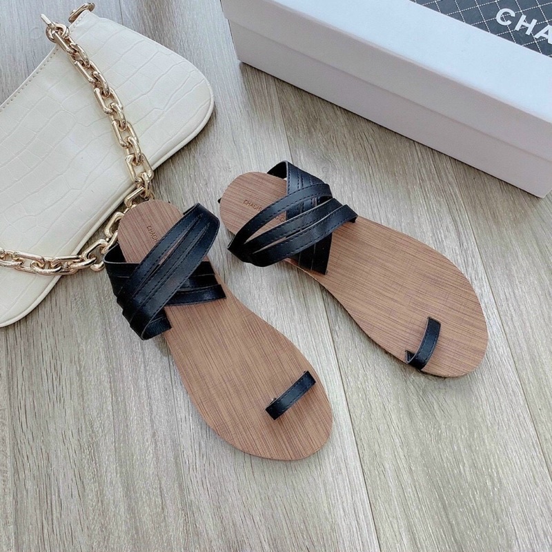 Giày dép nữ | Sandal xỏ ngón cách điệu dây chéo cuốn cổ chân đế vân gỗ đi biển đi chơi độc lạ hàng đẹp