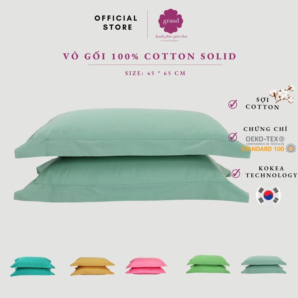 Cặp 2 vỏ gối Cotton GRAND, đóng gói Bao bì, Thấm hút, Sợi mịn nhỏ cao cấp, 45*65 cm, Màu xanh ngọc