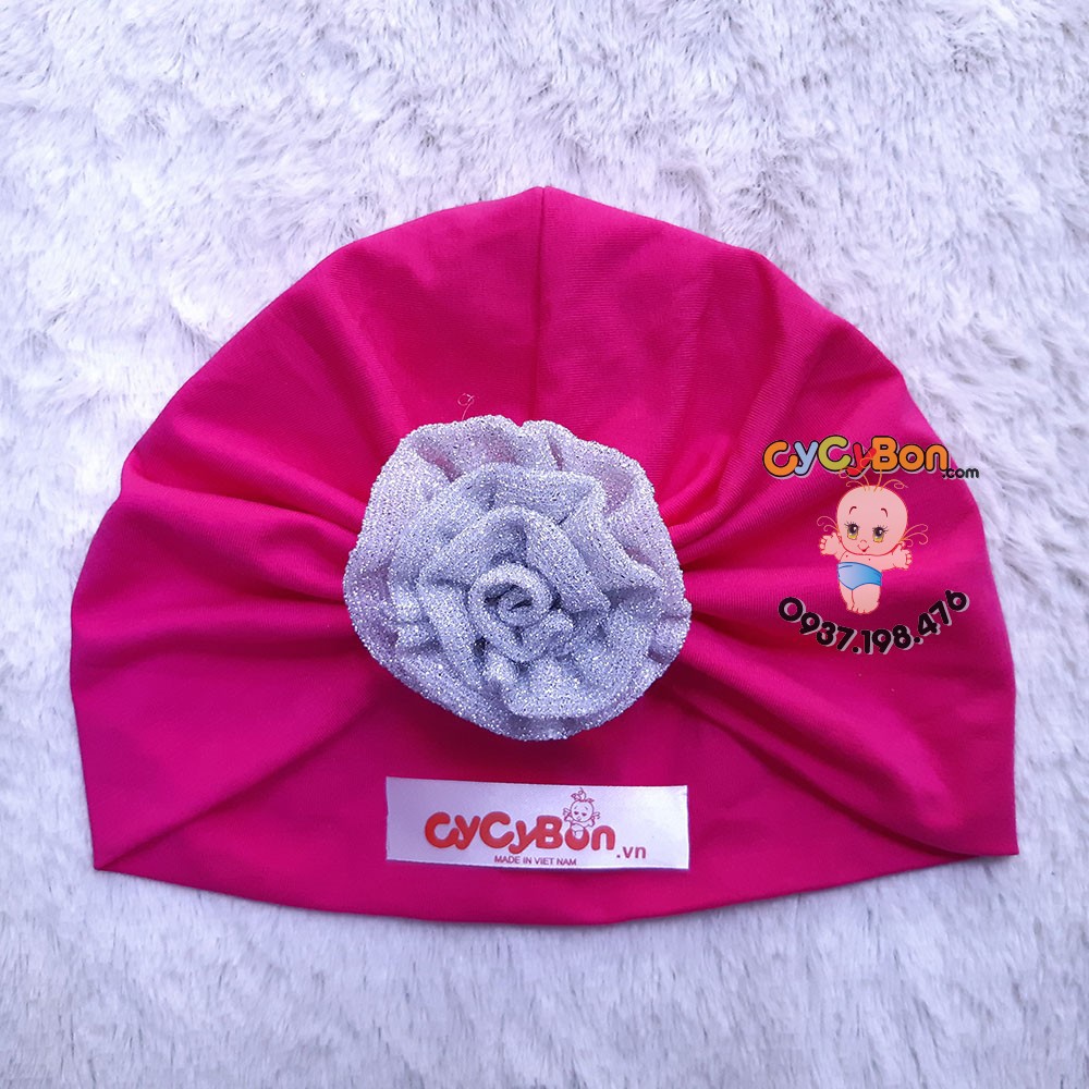 Mũ Nón Turban Cho Bé Gái Thun Cotton - Đính Bông Hoa Hồng Cuốn Màu Bạc Kim Tuyến Có Size Từ Sơ Sinh