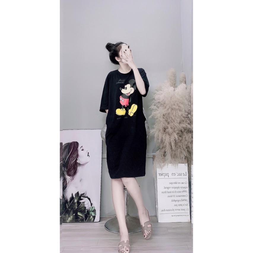 Đầm suông dài, váy suông bầu chất cotton in hình mickey | BigBuy360 - bigbuy360.vn