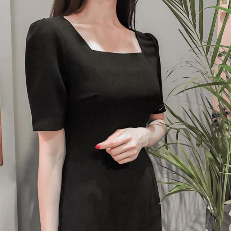 Váy đen cổ vuông thiết kế Blackrose MEW, đầm đen chữ A basic mặc tôn dáng bất ngờ -KLH)(