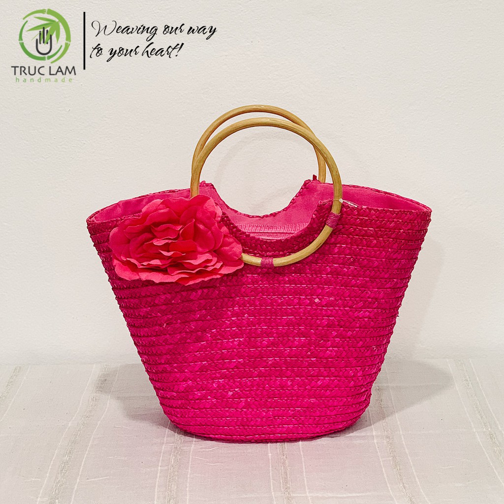 Làn Cói Xách Tay Thời Trang Nữ Quai Mây Tròn Gắn Hoa Lụa – Trúc Lâm Handmade
