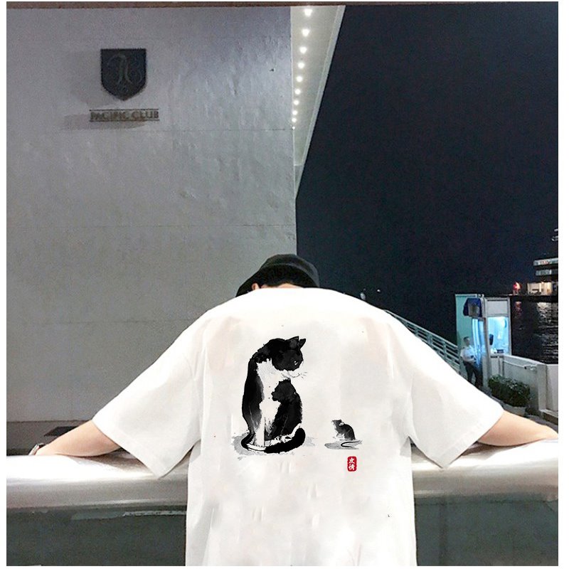 Áo thun unisex nam nữ tay lỡ họa tiết mèo và chuột vải dày mịn 2021T3123