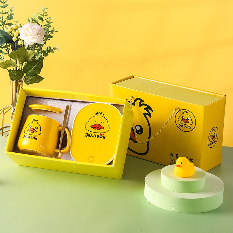 Bộ cốc hâm nóng hình chú vịt vàng đế điện hâm trà, cafe, sữa kèm hộp đựng và thìa cao cấp