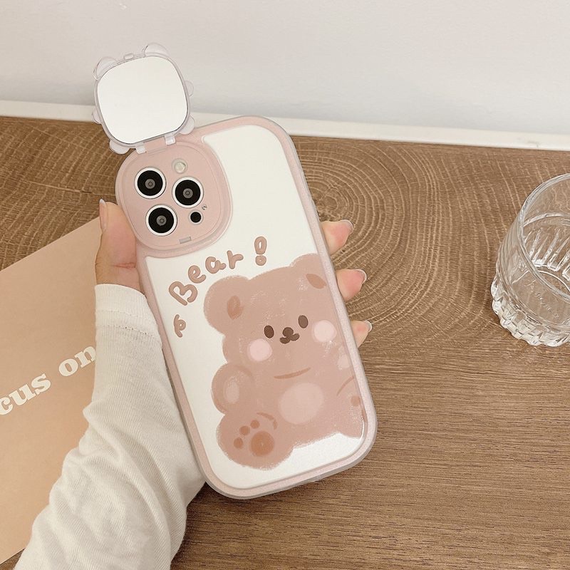 Ốp lưng iphone mềm dẻo viền bo tròn chống sốc có gương che bảo vệ camera bé gấu cute màu nâu và be