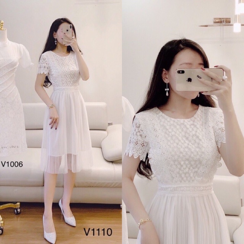 Váy trắng tiểu thư thiết kế ren phối dập ly-Hãng DVC