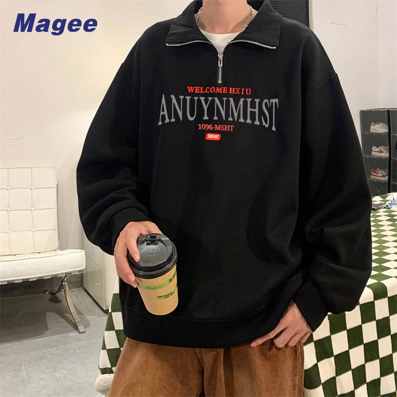 Áo Khoác sweater Chui Đầu Có Khóa Kéo In Chữ Phong Cách Harajuku Thời Trang Thu Đông Cho Nam