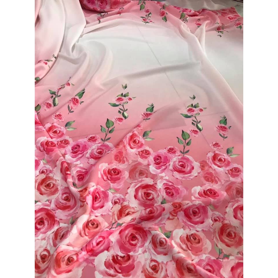 Vải lụa hoa hồng ombre chuyển màu may đồ thời trang cao cấp