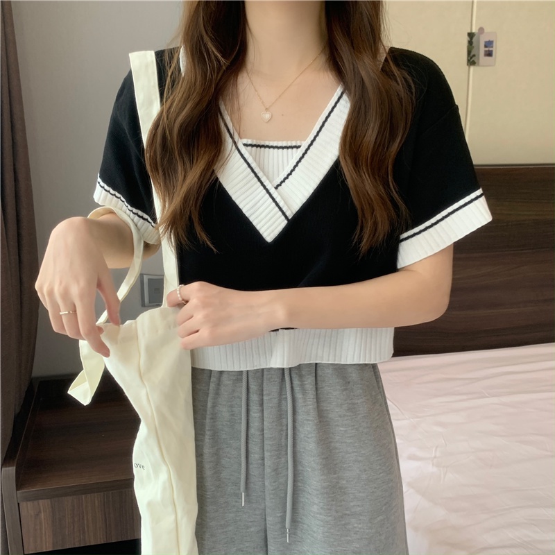 SUXI Áo Thun Dệt Kim Tay Ngắn Cổ Chữ V Dáng Rộng Màu Sắc Tương Phản Thời Trang Mùa Hè Dành Cho Nữ