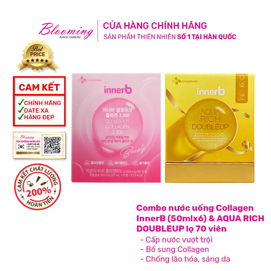 Combo hộp nước uống Collagen InnerB Glowshot (50mlx6) & Thực phẩm bảo vệ sức khỏe INNERB AQUA RICH DOUBLEUP lọ 70 viên | Thế Giới Skin Care