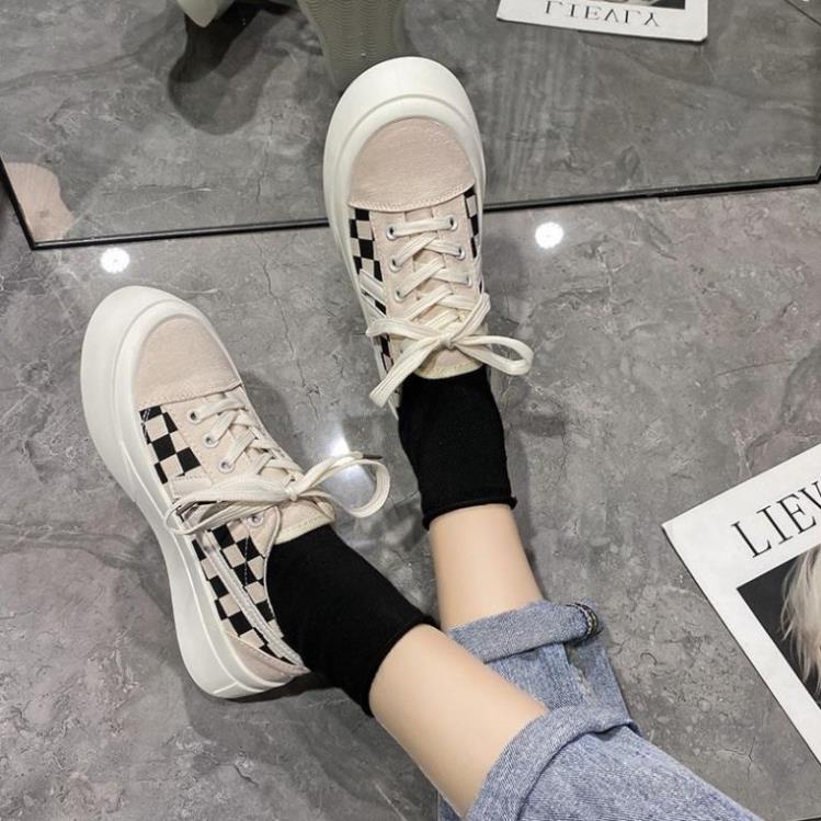 Giày thể thao nữ độn đế quảng châu caro kiểu dáng classic 2 màu đen và xám hot hit