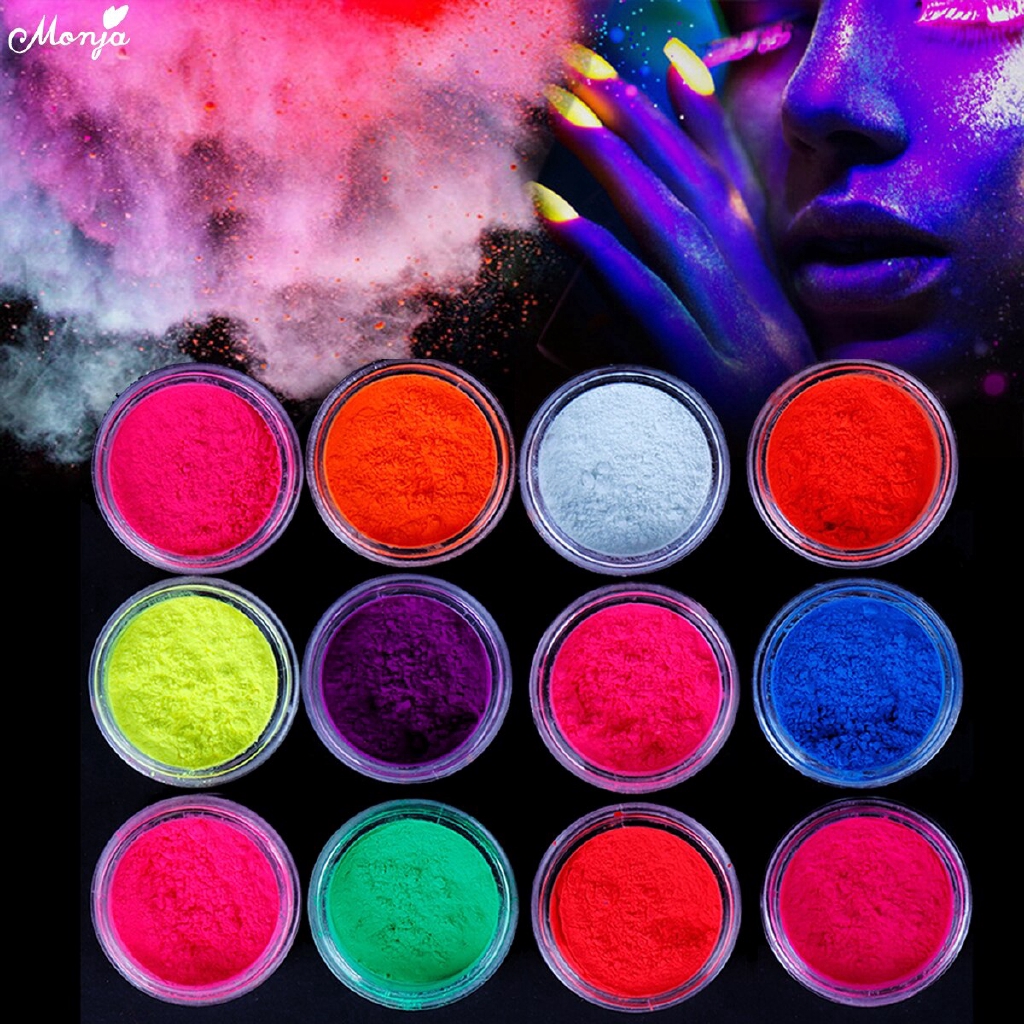 MONJA Set 12 Hộp Bột Neon Dạ Quang Trang Trí Móng Tay Diy