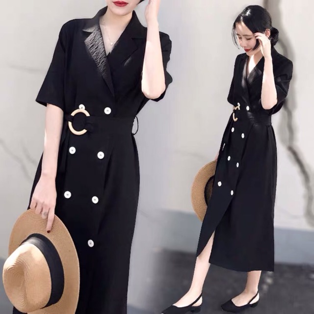 (Order-ảnh thật) bigsize L-4XL Đầm blazer cổ vest phối cúc dáng dài kèm belt tròn | BigBuy360 - bigbuy360.vn