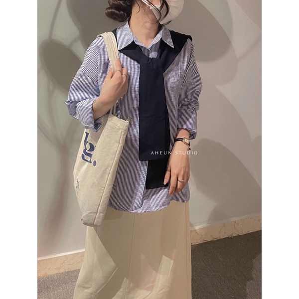 Áo SƠMI sọc chất liệu xốp nhún kèm khăn rời áo - STRIPES SHIRT style Hàn Quốc