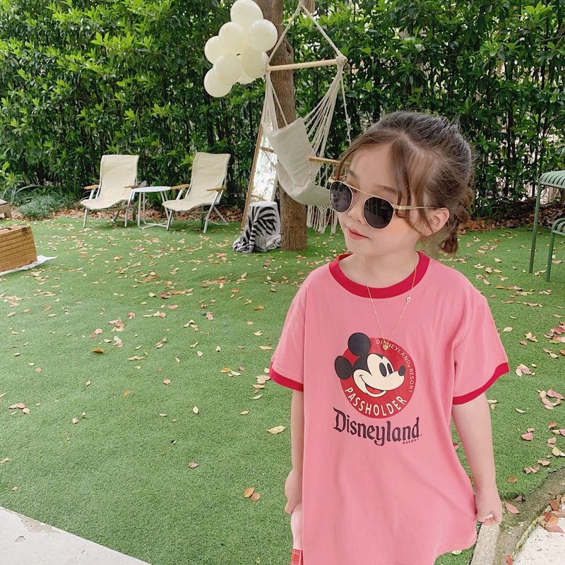 Đầm Thun Cotton Tay Ngắn Họa Tiết Chuột Mickey Hoạt Hình Thời Trang Cho Bé Gái 2022 90-140
