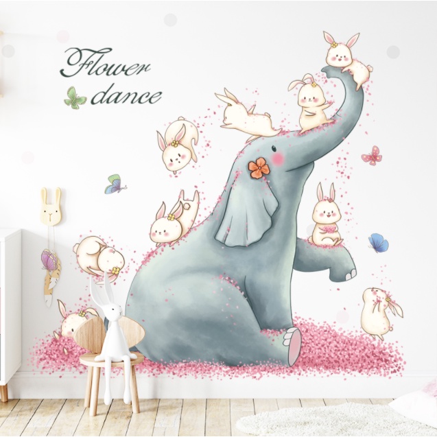 Decal trang trí tường - Chú voi ngồi cùng đàn thỏ