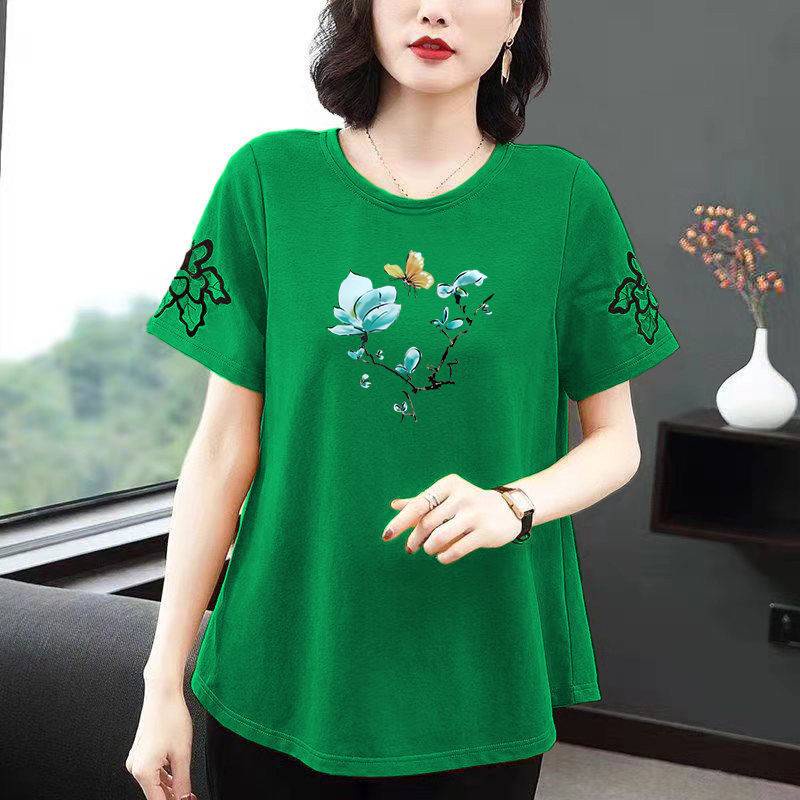 Áo Thun Tay Ngắn Cổ Tròn In Họa Tiết Plus Size Cho Phụ Nữ Trung Niên